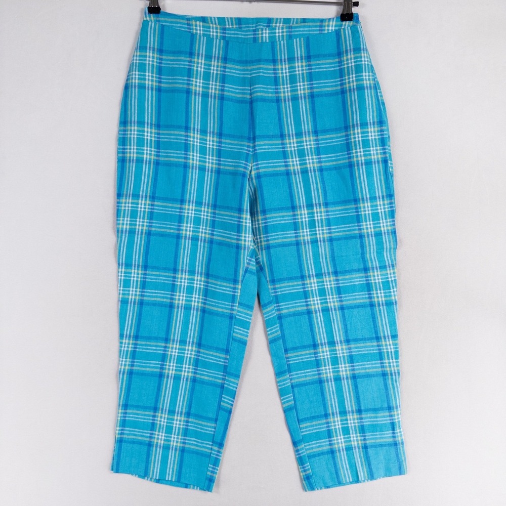 Uniform John Paul Richard Pants Womens 12 Blue Plaid 100% Linen Cropped Casual